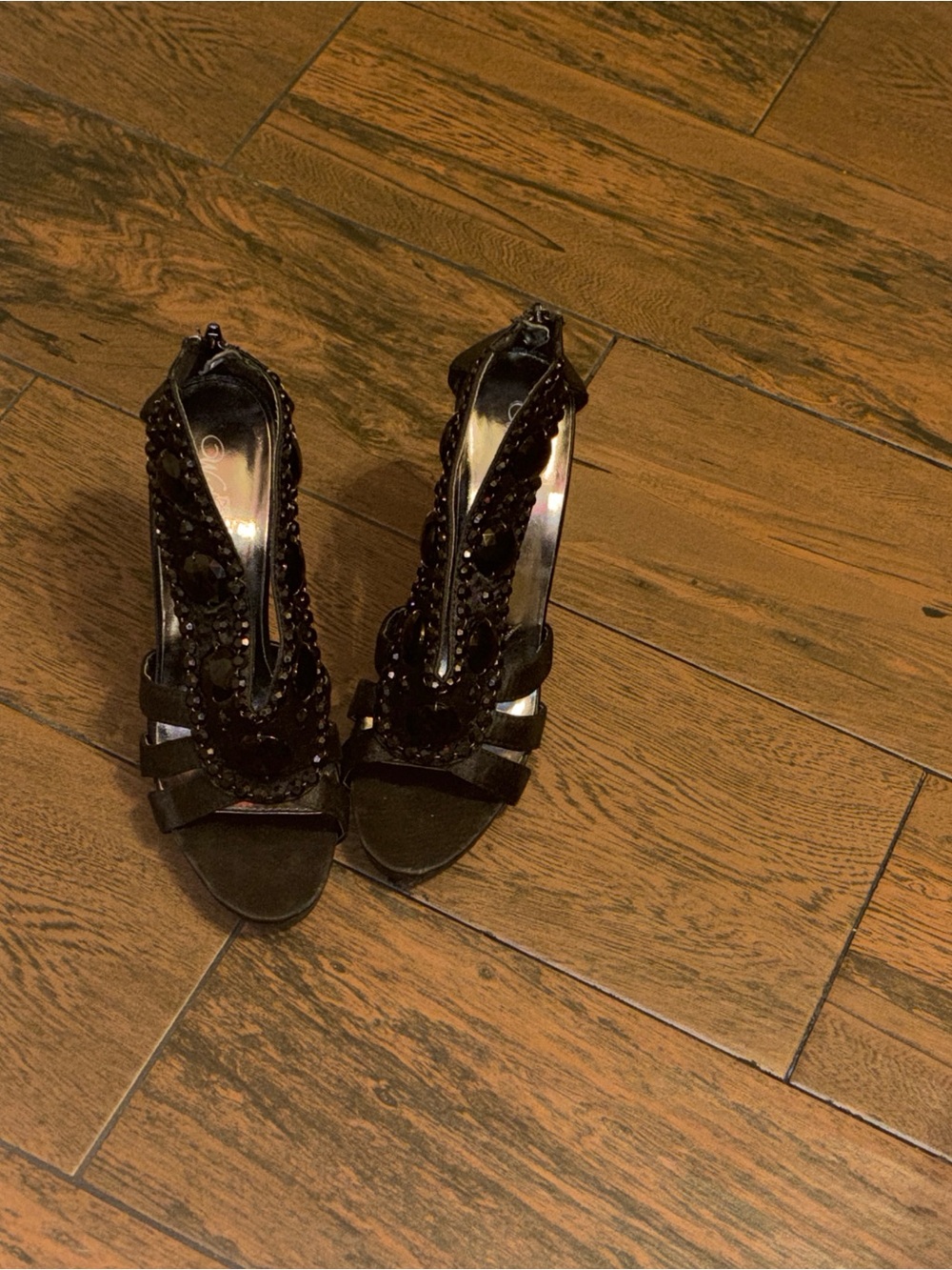 Black Crystal-Embellished High Heel Sandals for Women